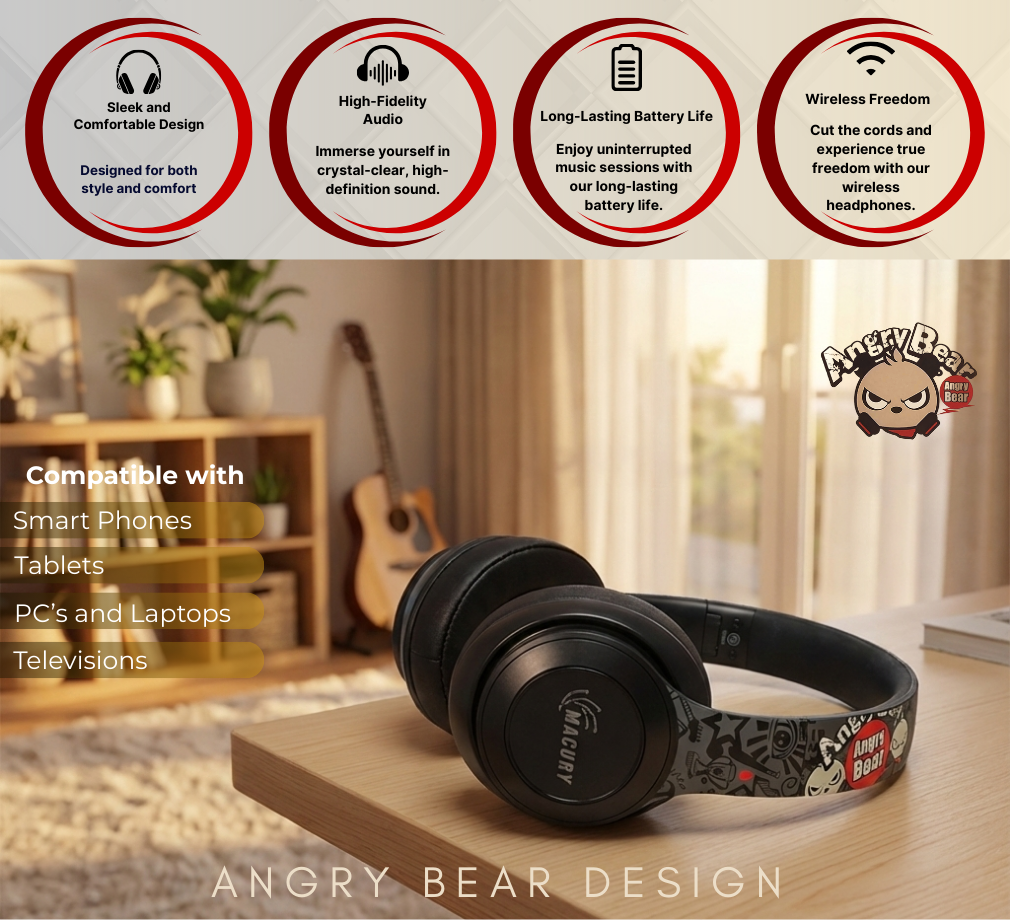 Macury Bluetooth Headphone, Over Ear, Foldable, Adjustable, Noise Cancelling (Black) - Image 3