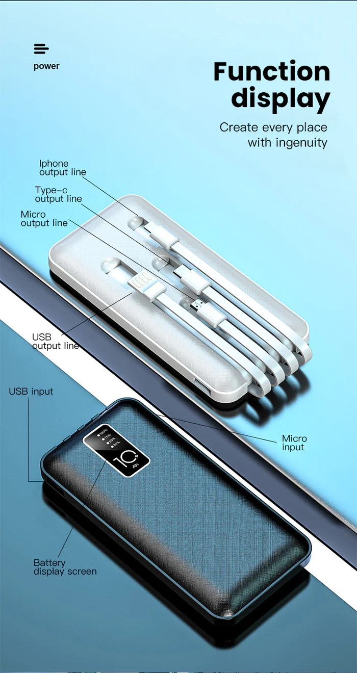 Macury 10000 mAh | Fast Charging | Portable Charger | 4 in1 Built in Cables Power Bank (Black) - Image 5
